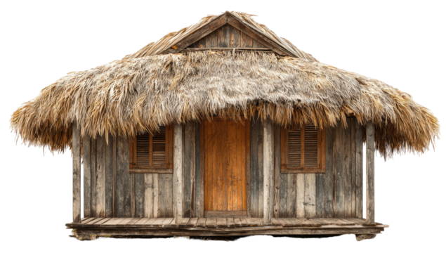 Rustic wooden hut with thatched roof and porch