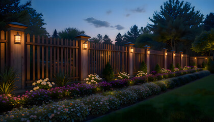 Fence decorated with small lights glowing in the night creating a warm illuminated outdoor scene where soft lighting highlights the structure and forms a cozy atmospheric nighttime environment