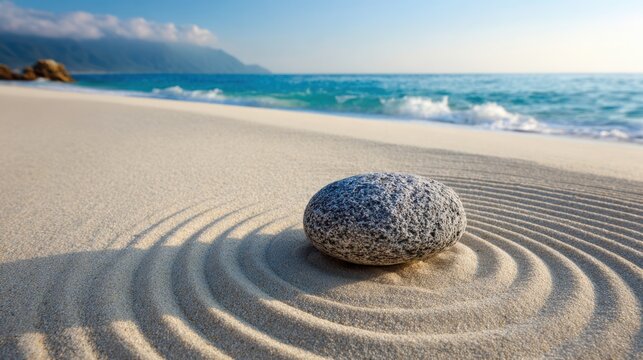 A smooth stone sits on a sandy beach surrounded by circular patterns in the sand. The sun shines brightly as gentle waves lap against the shore.