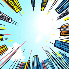 This image is a dynamic, pop-art style illustration depicting a burst or explosion emanating from a central white void. Around this void, stylized, colorful architectural elements resembling buildings