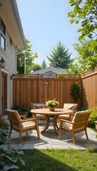 Wooden table and chairs arranged in a cozy backyard setting surrounded by greenery creating a peaceful outdoor space with warm inviting atmosphere and soft daylight