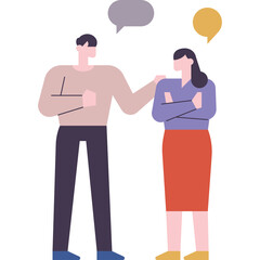 Two people conversing a man places hand on woman shoulder both have speech bubbles above heads flat design minimalist illustration with pastel colors