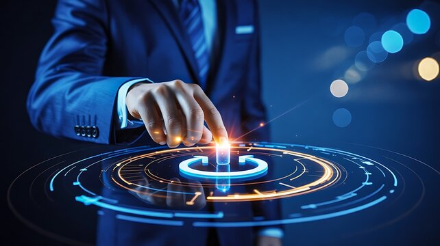 Businessman pressing digital power button in futuristic technology interface
