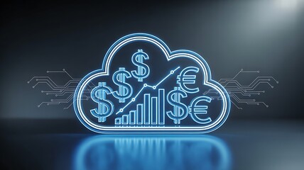 Digital cloud finance icon with currency symbols and rising analytics graph
