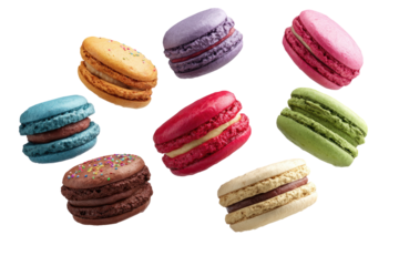 Colorful macaron cookies with creamy filling, arranged randomly