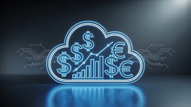 Digital cloud finance icon with currency symbols and rising analytics graph
