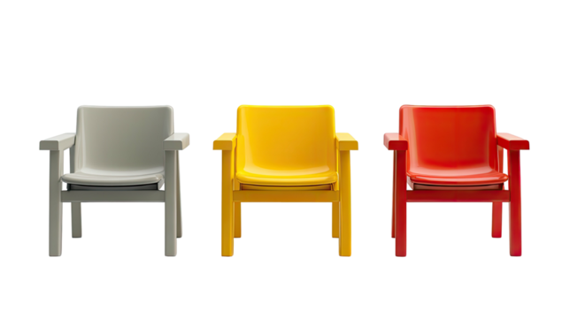 Three modern armchairs in gray, yellow, and red against black