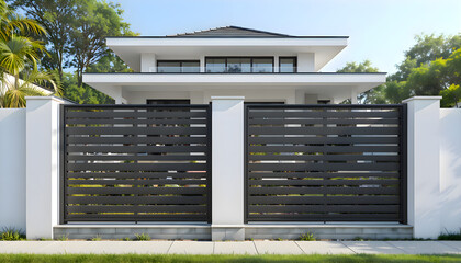 Modern house with a front gate and contemporary exterior architecture featuring clean shapes and a bright open setting illuminated by natural light
