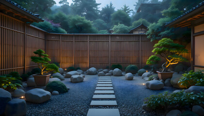 Stone path winding through a garden at night with soft shadows cast by ambient lighting creating a calm quiet atmosphere surrounded by plants and natural textures