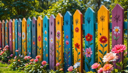 Colorful fence decorated with painted flowers forming a lively outdoor backdrop with bright tones and artistic details adding charm to the simple wooden structure in natural light
