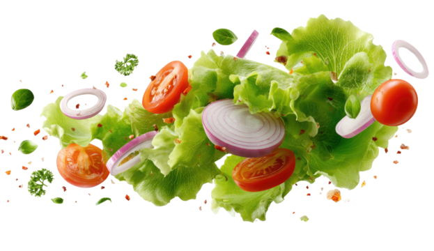 Fresh salad ingredients tossed in mid-air, vibrant and healthy