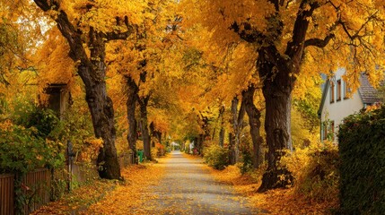 Vibrant orange and yellow leaves cover the trees along a tranquil road. Sunlight filters through the branches creating a warm inviting scene in a serene residential area during autumn.