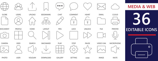 Clean minimal line icons for media, web, and UI design. Includes file, cloud, chat, camera, play, settings, and essential interface symbols.