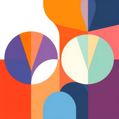 This image is a vibrant and dynamic abstract composition composed of various overlapping geometric shapes, primarily circles and triangles, rendered in a bold and diverse color palette. Shades of oran