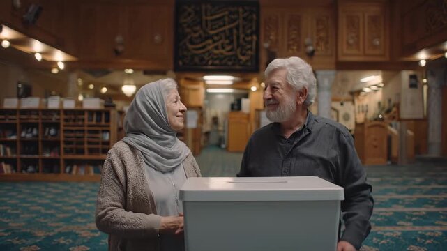 Senior couple making donation at synagogue together. Elderly pair giving charity in temple. Mature retirees performing religious tzedakah mitzvah. Active citizens Jewish spiritual tradition.