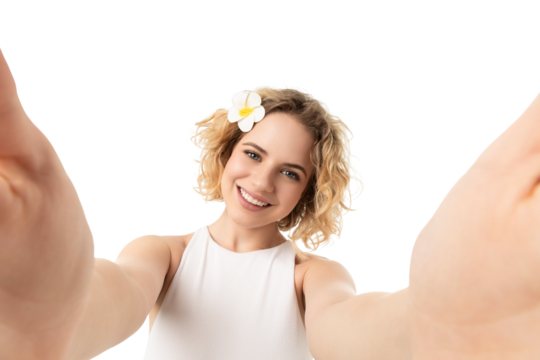 Curly-haired woman promoting facial care, isolated on white, PNG - Powered by Adobe