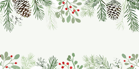 Watercolor winter foliage frame with pine cones and berries for christmas