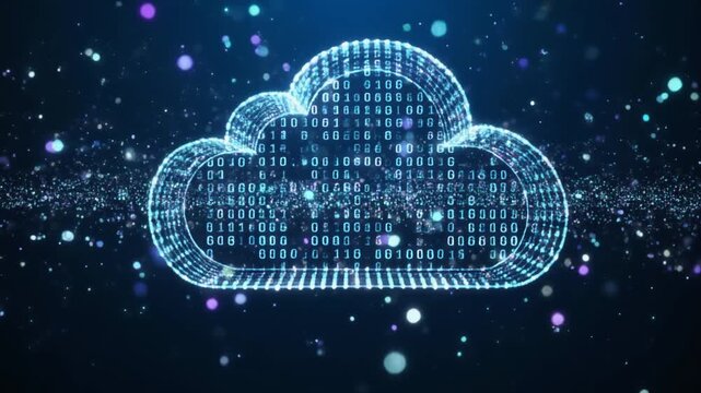 A luminous digital cloud icon composed of binary code, symbolizing cloud computing, data transfer, and online storage in a virtual space