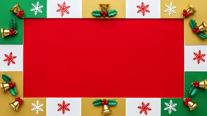 Christmas Holiday Border Festive Frame with Bells and Snowflakes on Colorful Squares