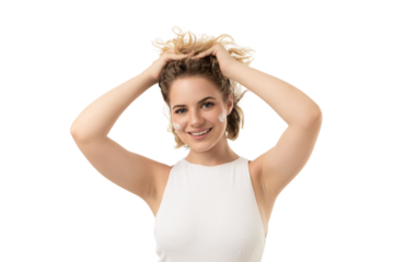 Smiling woman shows lively hair care, isolated on white, PNG