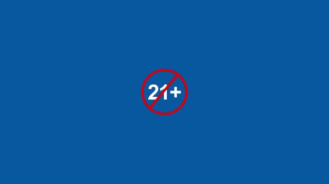 21+ icon with warning sign symbol animation on blue background. Under 21 sign with warning looped symbol.