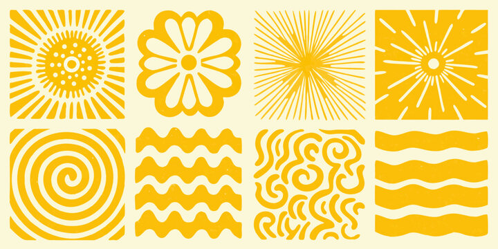 Eight yellow geometric patterns in a square grid with distressed texture