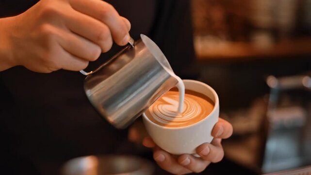 Close-up shot of a barista skillfully pouring foamed milk into a coffee cup, creating a classic latte art design