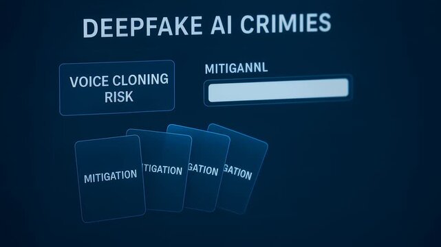 Deepfake AI crimes highlight voice cloning risk with high risk level bar and mitigation strategies emphasizing security and prevention efforts