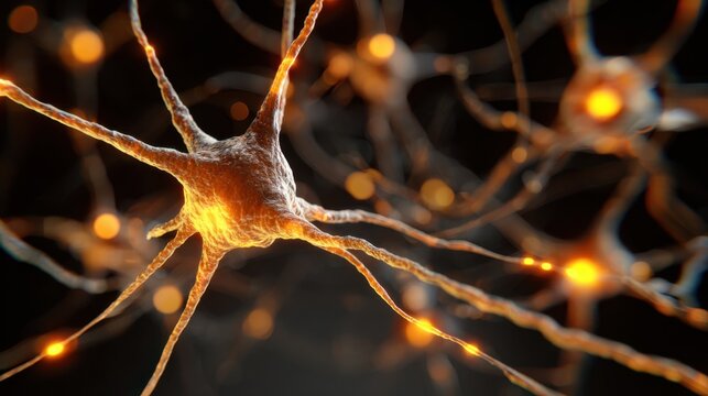 This close up view highlights the detailed architecture of a neuron with glowing connections. The scene emphasizes the vibrant activity within a neural network set against a dark backdrop.