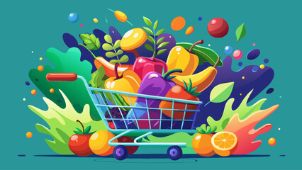 A vibrant shopping cart overflowing with colorful fruits and vegetables launching upward, with glowing particles and liquid splashes capturing movement, freshness, and dynamic health inspiration