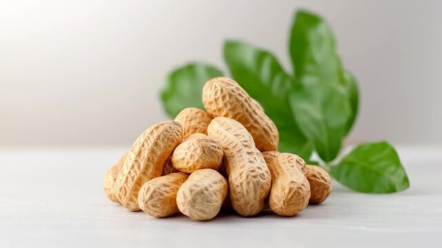 Fresh raw whole peanuts in shell pile on white surface with green leaves in background healthy snack ingredient food