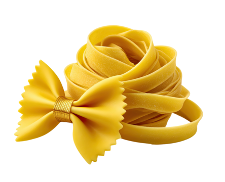 Dry pasta, a bow tie shape next to a nest of ribbon noodles