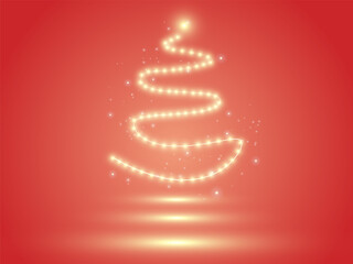 Fantastic Christmas tree with golden glitter lights effect tree shapes on red background vector design concept. Glowing lights Christmas tree for new years, greeting, merry xmas, invitation card, web.