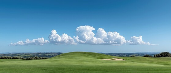 A panoramic view of a lush green golf course fairway with rolling hills, a sand bunker, and dramatic cumulus clouds against a clear blue sky. The landscape sugg