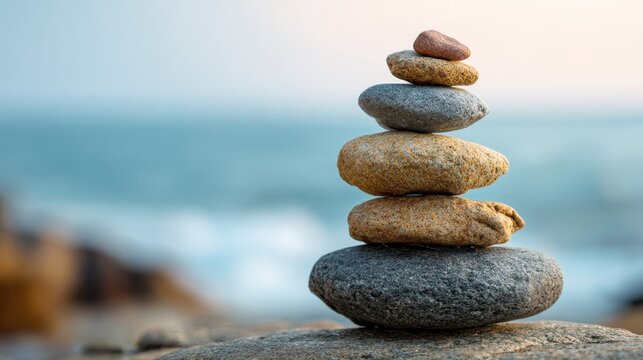 A carefully balanced tower of smooth stones is positioned on a rocky beach with gentle ocean waves lapping nearby. The soft light of sunset enhances the calming scene.