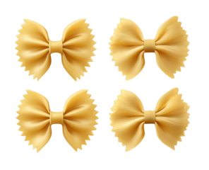Four golden farfalle pasta shapes arranged in a square on black