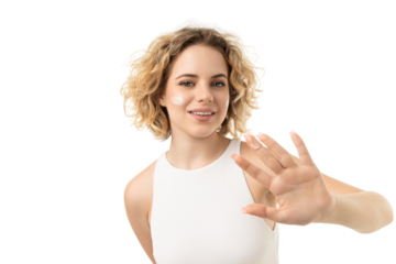 Woman uses facial care on clean skin, isolated on white, PNG