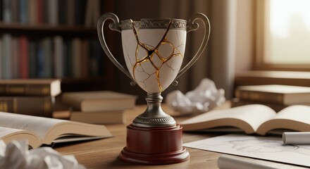 Broken trophy restored with gold kintsugi on a desk in study