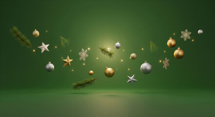Elegant festive Christmas decoration with gold and silver baubles, stars, and pine sprigs on a smooth green background, perfect for holiday celebrations and seasonal greetings