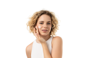 Woman boosts her skincare with moisturizer, isolated on white, PNG