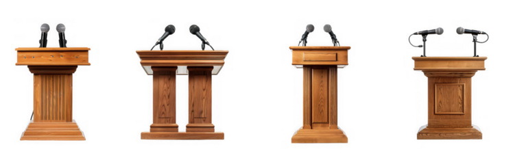 Four wooden podiums with microphones, ready for public speaking, debates, or presentations, isolated on transparent background