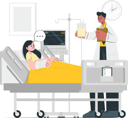 Caring Male Doctor Attending to a Female Patient Recovering in a Hospital Bed, Offering Support and Medical Advice During Treatment and Consultation