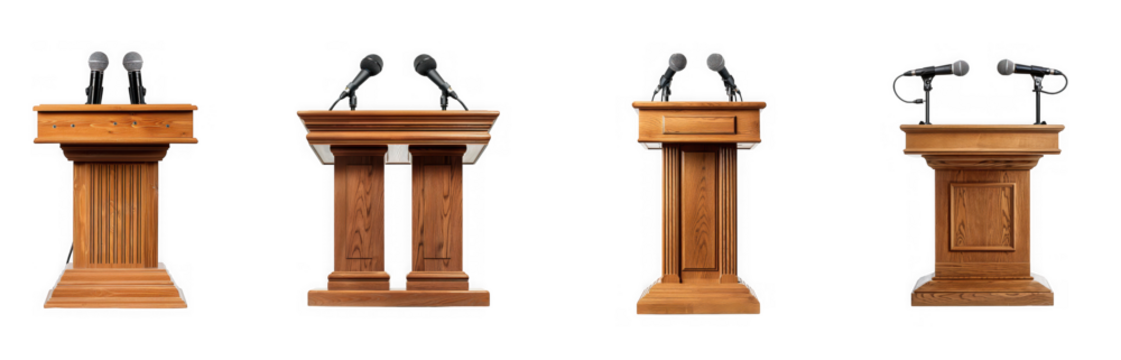 Four wooden podiums with microphones, ready for public speaking, debates, or presentations, isolated on transparent background - Powered by Adobe