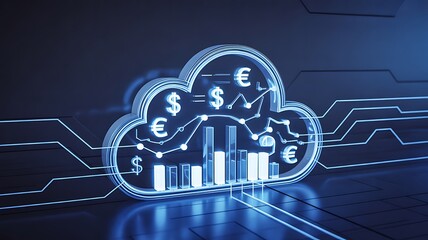 Digital cloud finance concept with glowing currency symbols and data analytics
