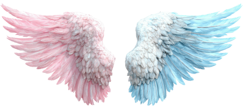 Pair of feathery wings, pink on the left, light blue on the right