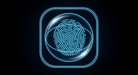 Glowing fingerprint icon on black background biometric security access concept