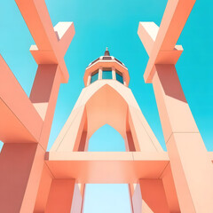 This image features a striking architectural structure, possibly a monument or building entrance, rendered in a warm, light orange or peach tone against a clear, bright blue sky. The composition is hi