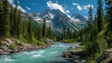 A clear turquoise river runs through a vibrant green forest surrounded by majestic mountains under a brilliant blue sky. Fluffy clouds drift above adding to the serene atmosphere.