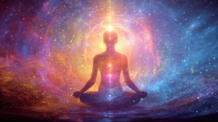 A person sits in a meditative pose surrounded by a beautiful cosmic background of swirling colors and bright stars. The scene captures a sense of peace and connection to the universe.