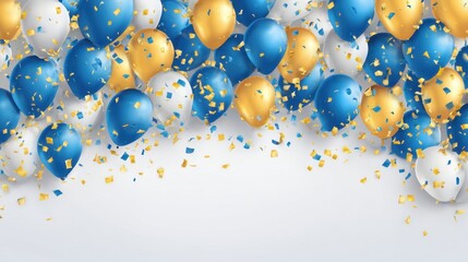 Bright blue gold and white balloons mixed with cheerful confetti fill the scene perfect for parties birthdays or joyful gatherings at any time.